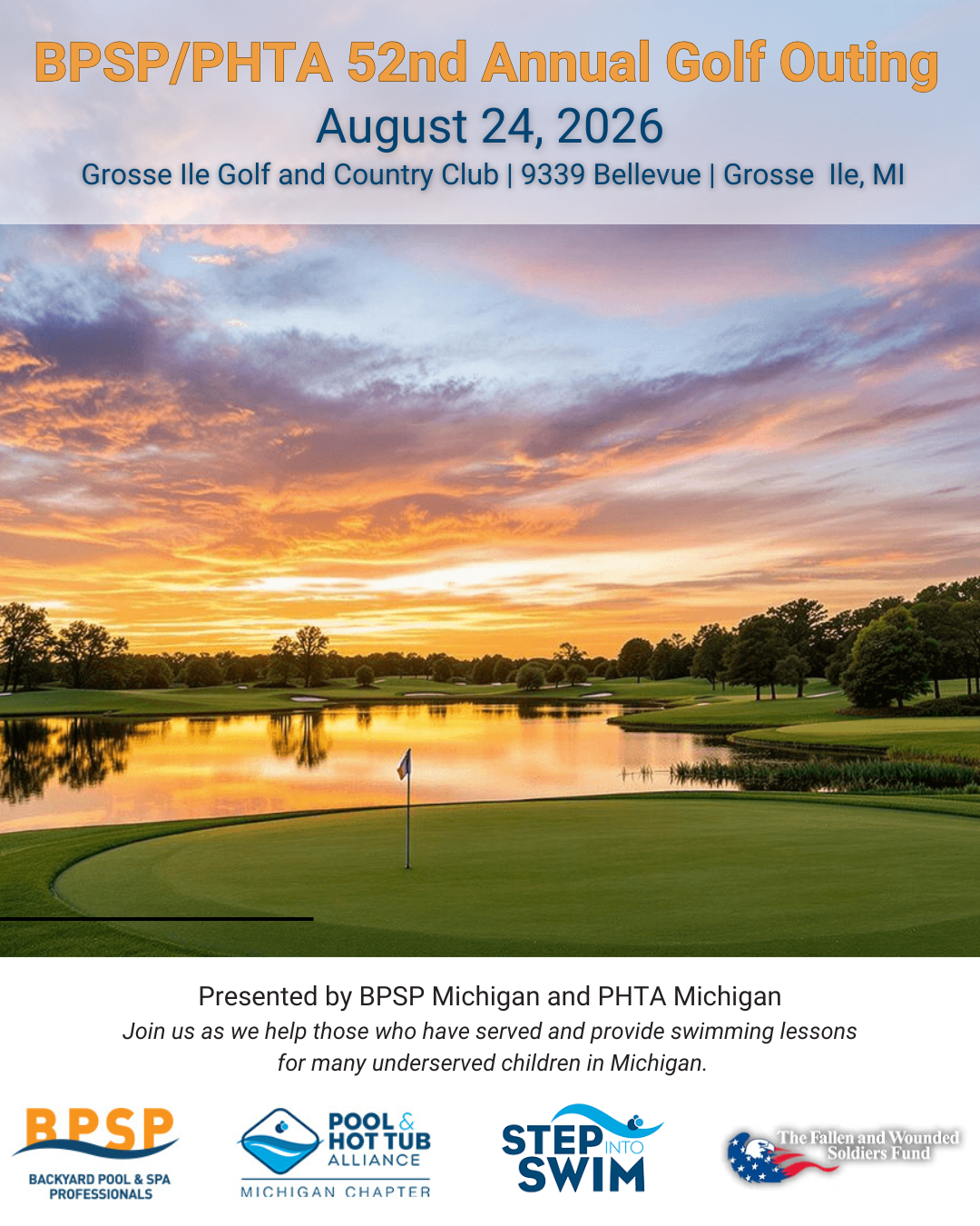 BPSP PHTA Charity Golf Outing charity golf event at Grosse Ile Golf & Country Club, Grosse Ile Township, MI supporting Michigan veterans and safe swimming charities