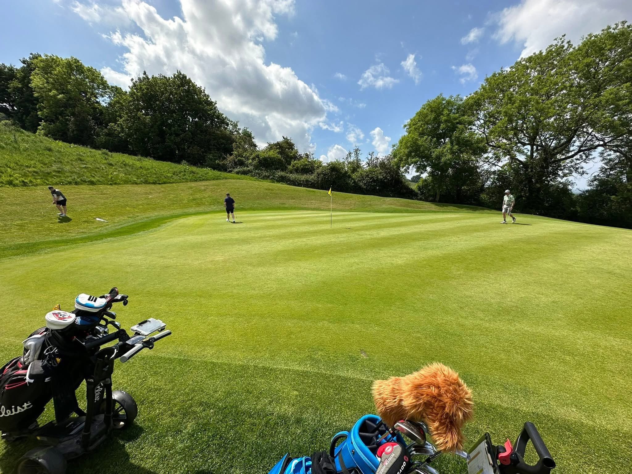 Golfers on a green at Lilley Brook during the 2026 James Hopkins Trust charity golf day